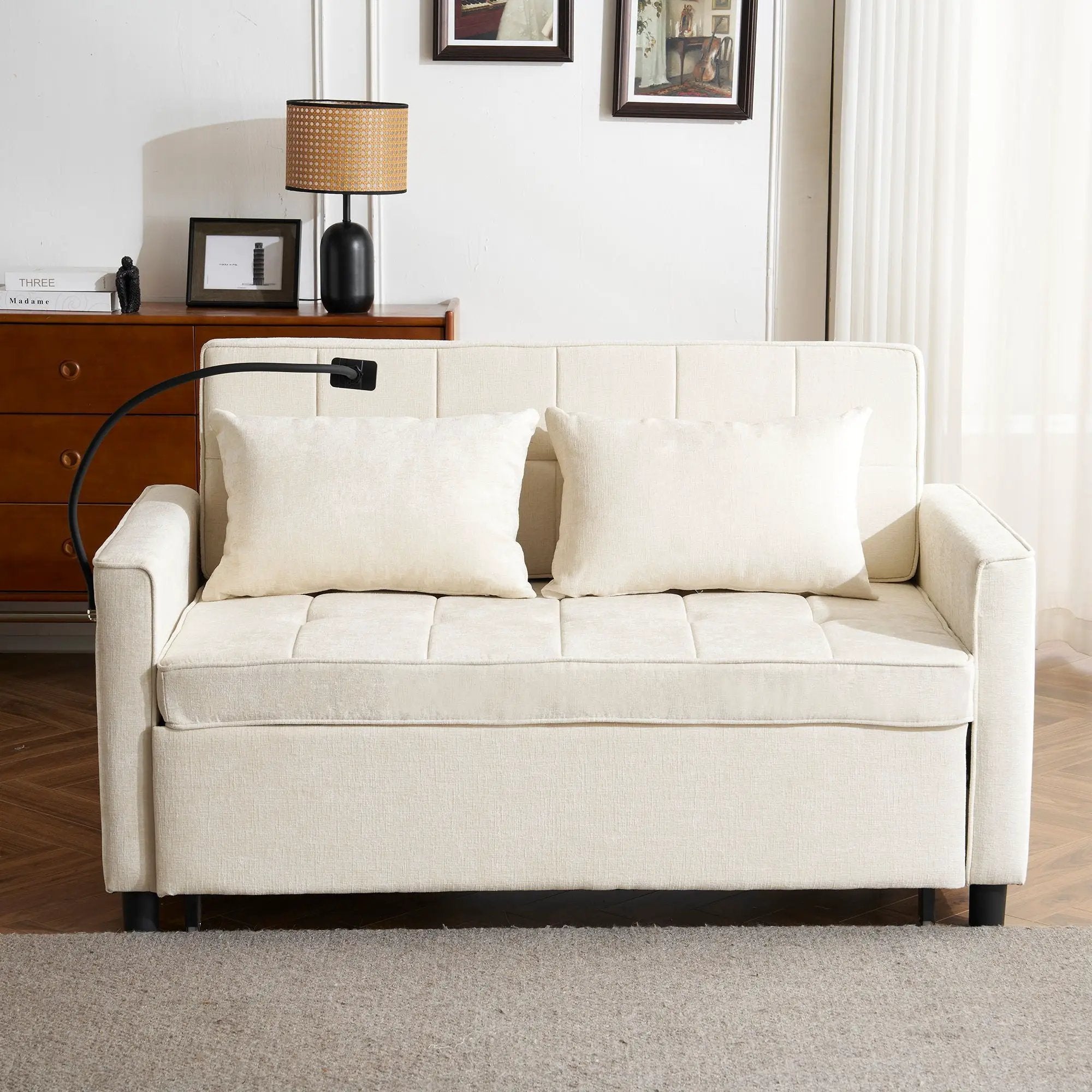 Pull-Out Sleeper Sofa With Reversible Backrest Cushion, Side Pockets, 2 USB Ports And A Phone Holder For Living Room by HouseOfZazla