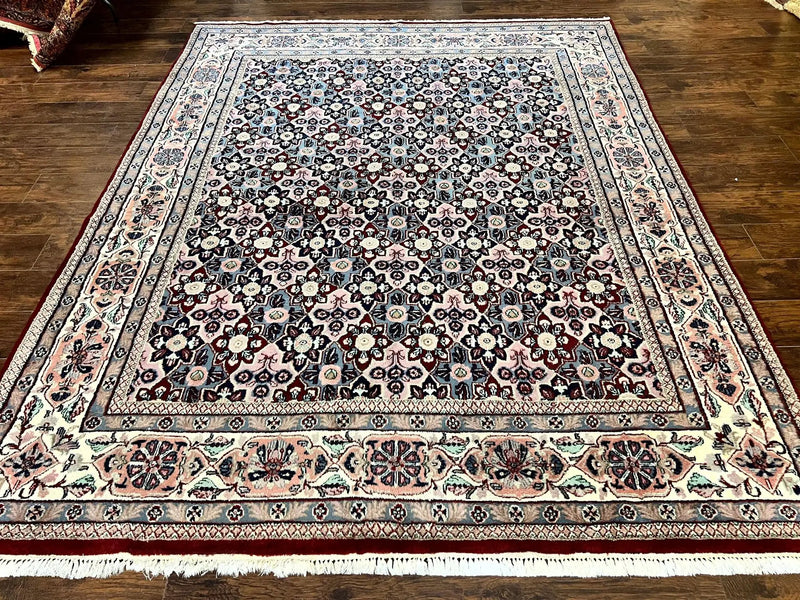 Indo Persian Rug 8x10, Repeated Allover Pattern, Navy Blue Ivory, Handmade Vintage Wool Carpet by Jewel Rugs