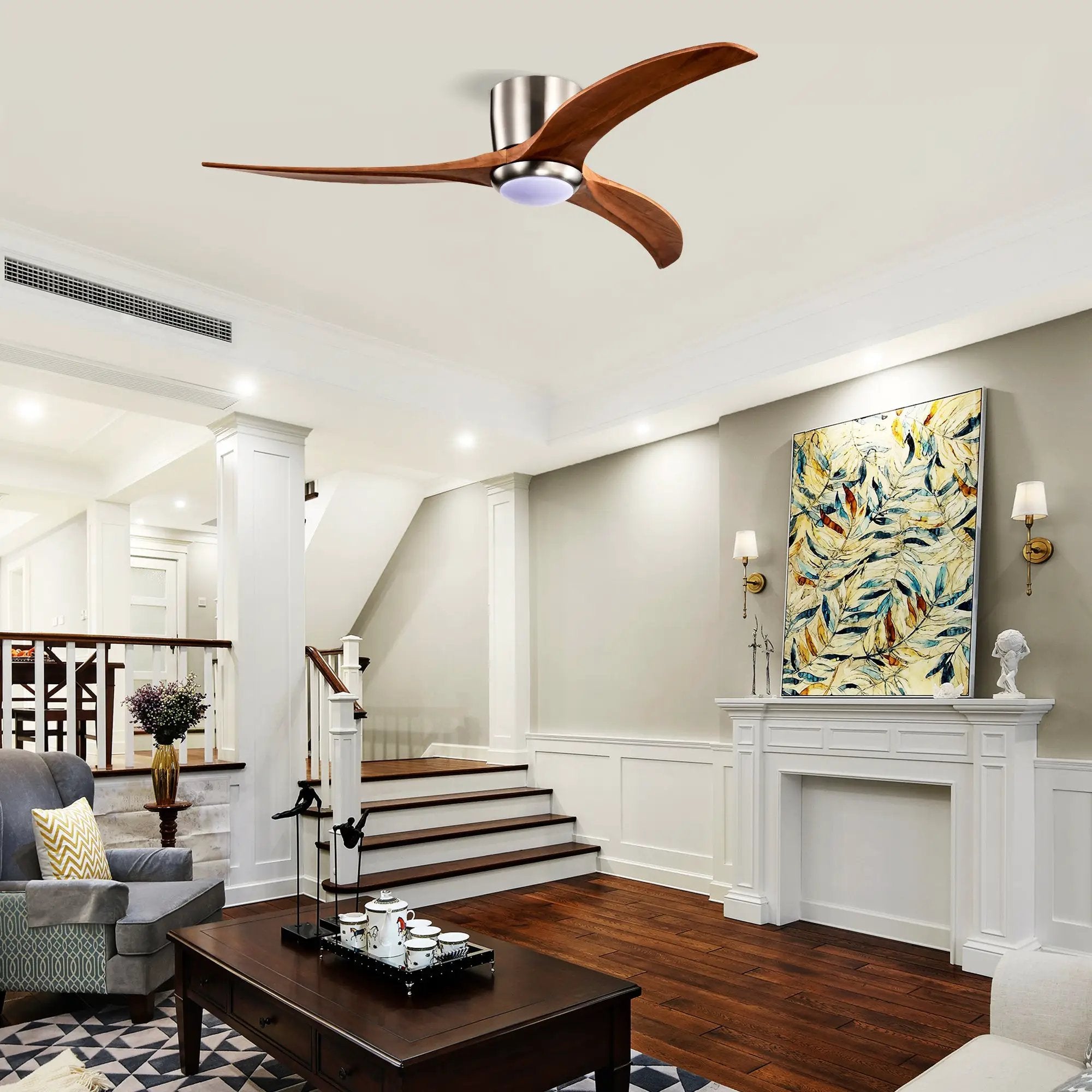 52" Flush Mount Fan Light with Solid Wood Blades and Remote Control by HouseOfZazla