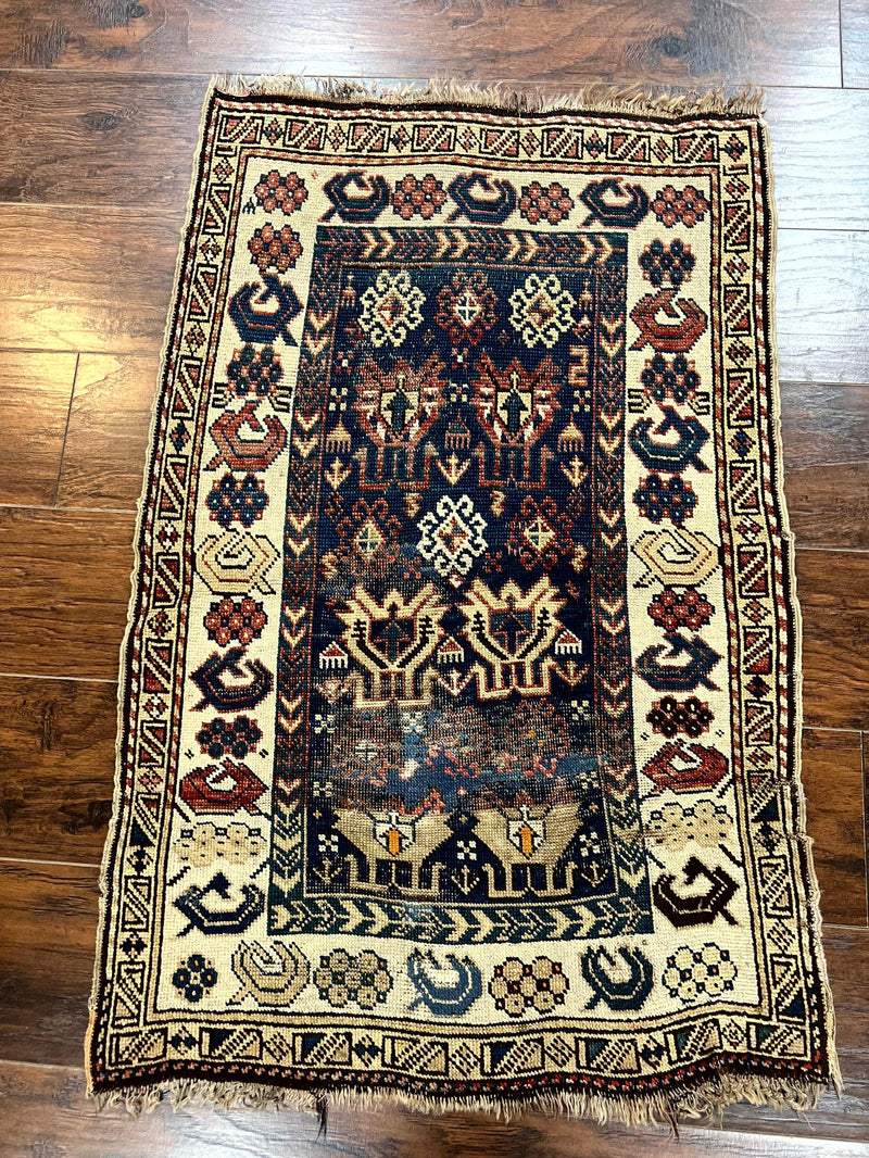 Antique Caucasian Kazak Rug 2.5 x 4, Navy Blue and Ivory, Hand Knotted Handmade Wool Rug by Jewel Rugs