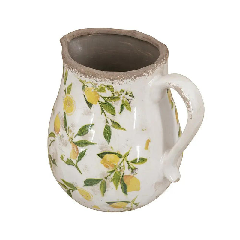 7.9x6.5x7.9' White Ceramic Pitcher Vase with Yellow Lemon Motif by HouseOfZazla