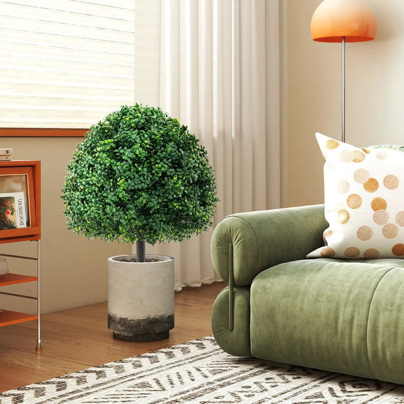 28 Inches Artificial Boxwood Topiary Ball Tree Set of 2 with Ground Spike-Green by DirectDeals