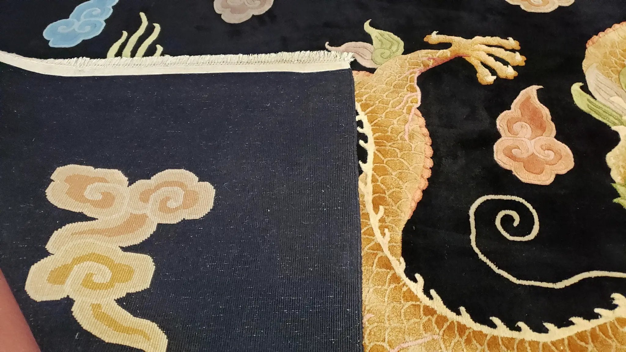 Rare Antique Chinese Art Deco Rug 6x9 with Dragon, Black Chinese Carpet 6 x 9, Hand Knotted Wool Area Rug by Jewel Rugs