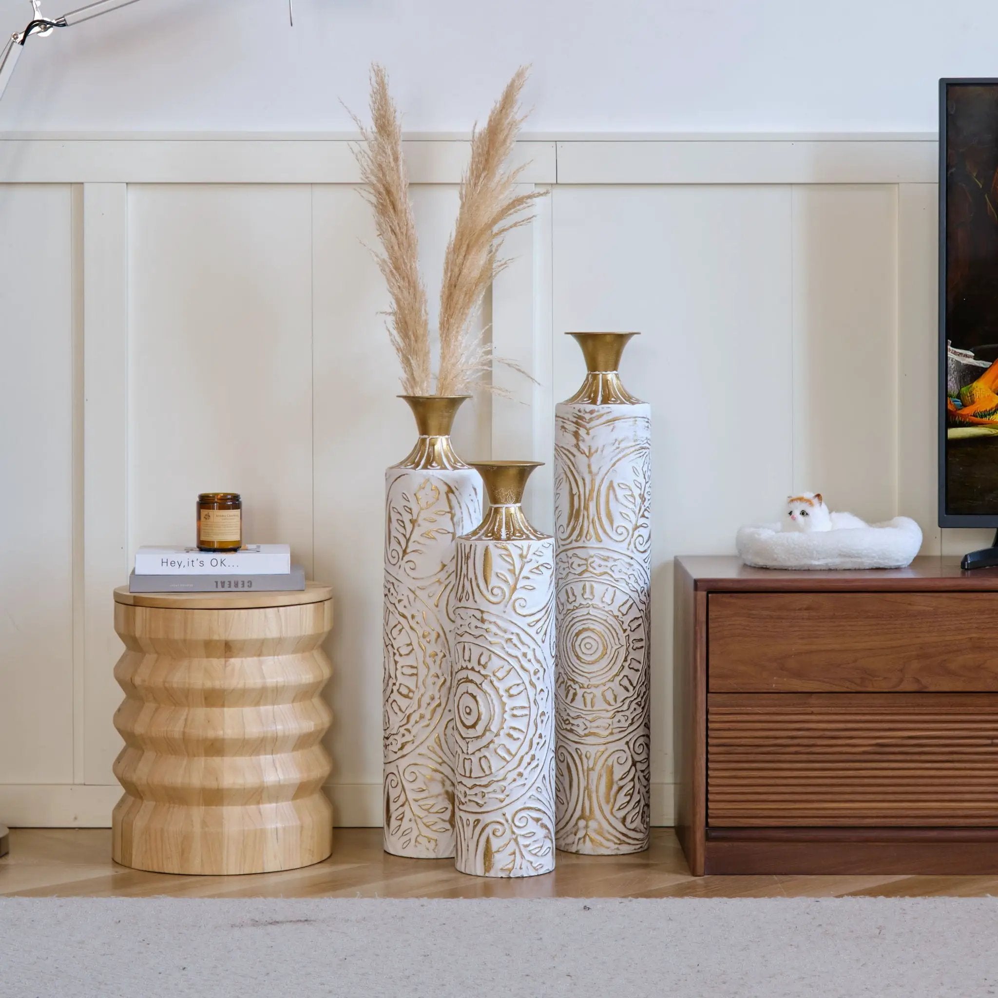 Floor Metal Vases Decorated Metal Vases (Set of 3) Gorgeous Home Decoration Large Glazed Metal Vases - White / Gold by HouseOfZazla