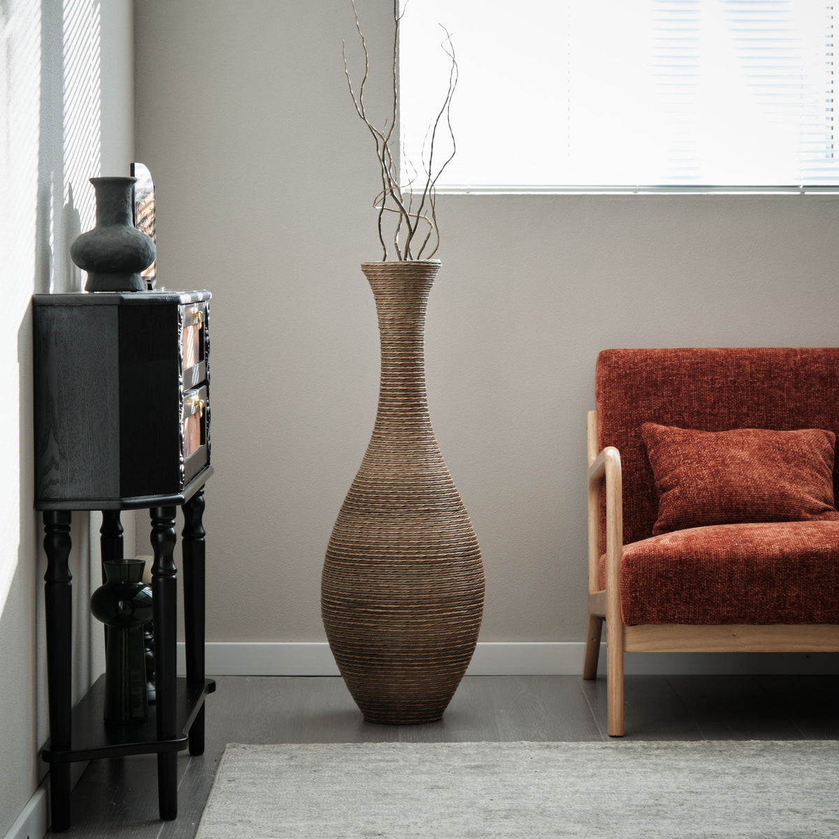 Tall Artificial Rattan Floor Vase with Artistic Design - Beige / Gray, photo 3 of 23