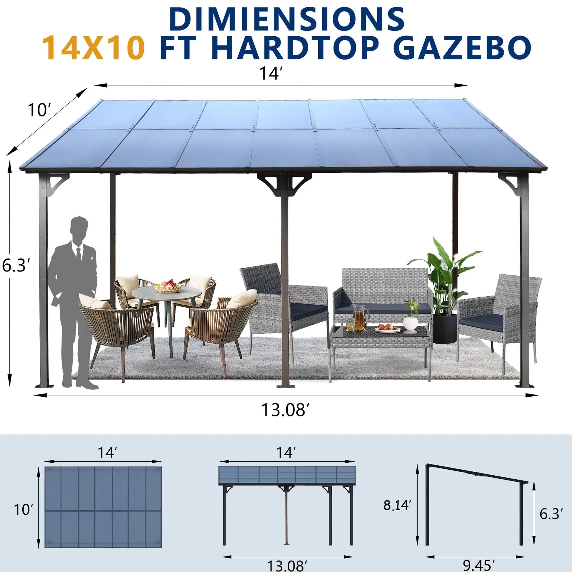 Wall Mounted Outdoor Pergola Gazebo, Heavy Duty Metal Awning With Roof by Unique Piece Furniture