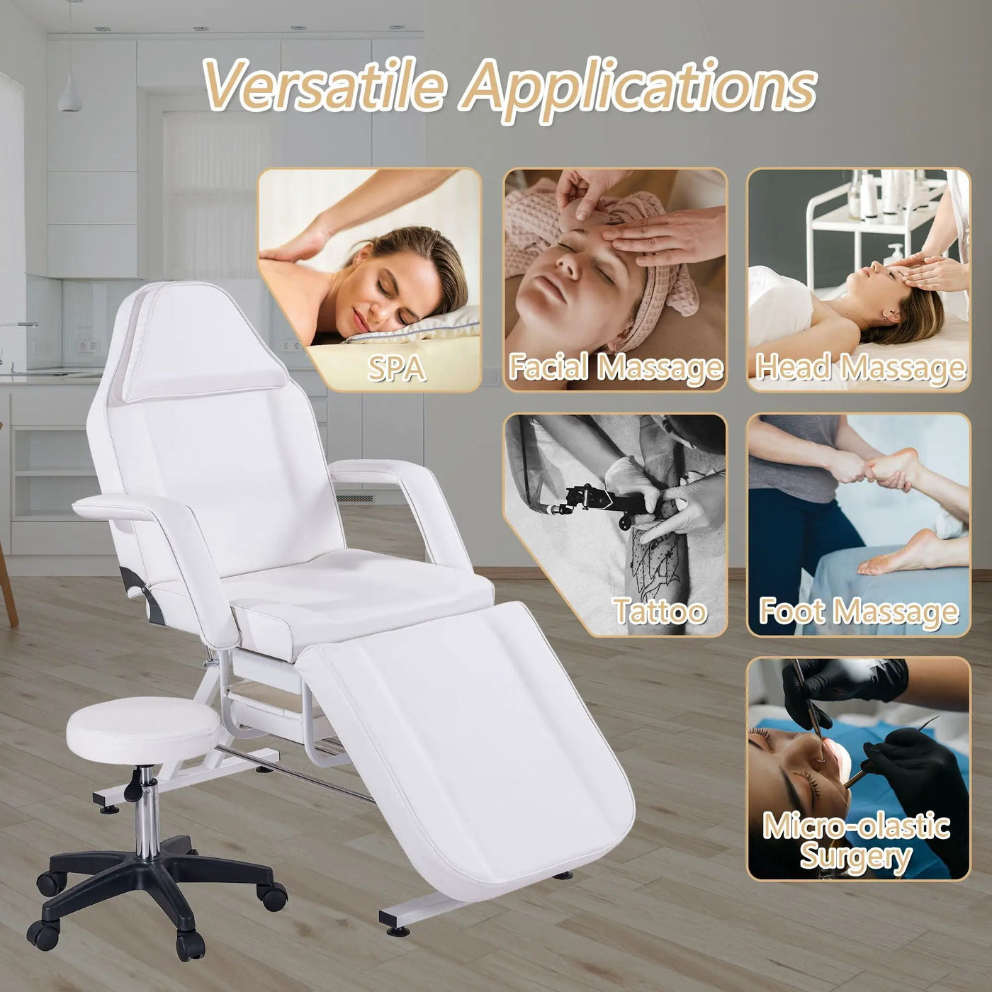 72.8" Massage Salon Tattoo Chair With Two Trays Esthetician Bed With Hydraulic Stool, Multi-Purpose 3-Section Facial Bed Table, Adjustable Beauty Barber Spa Beauty Equipment by HouseOfZazla