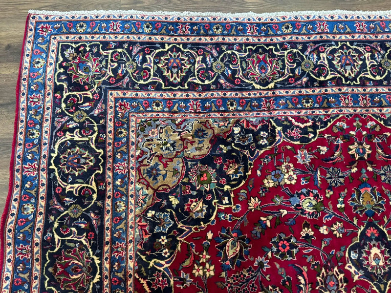 Traditional Persian Rug 8x11, Red Navy Blue, Floral Medallion, Antique Persian Mashad Carpet, Wool by Jewel Rugs