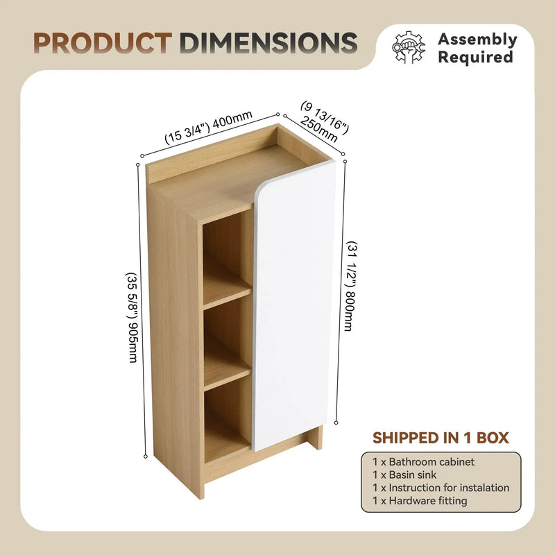 Freestanding Bathroom Side Cabinet, Narrow Storage Cabinet With Single Door & 3 Tier Open Shelves - Black / Light Oak / White by HouseOfZazla