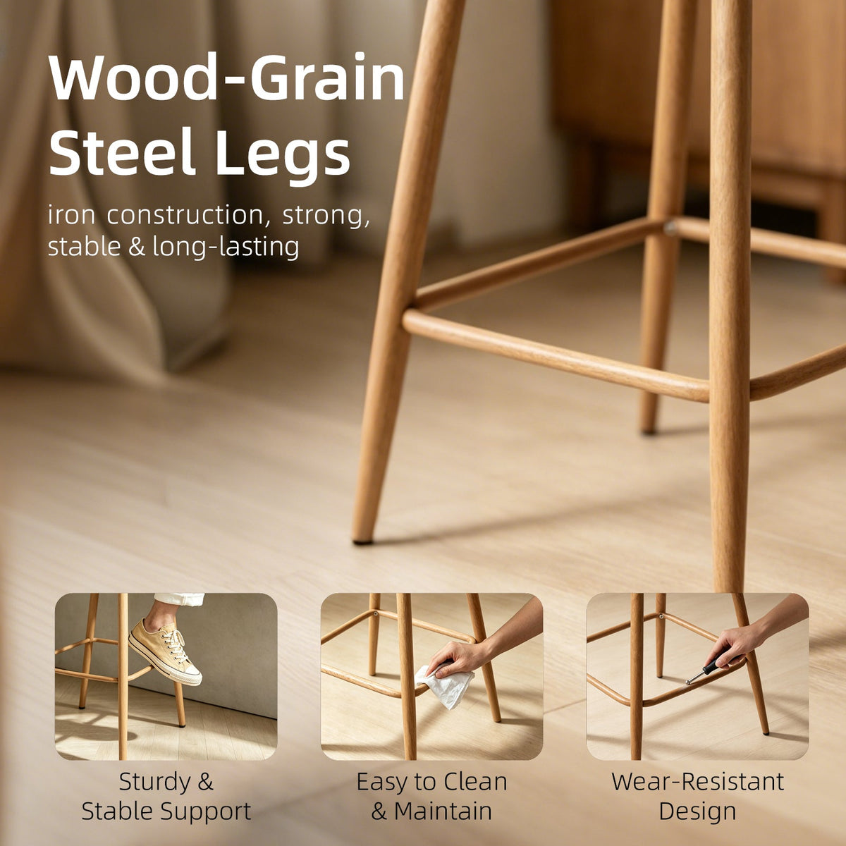 Modern Upholstered Bar Stools with Rattan Backrest Set of 2 - Metal Legs, photo 5 of 8