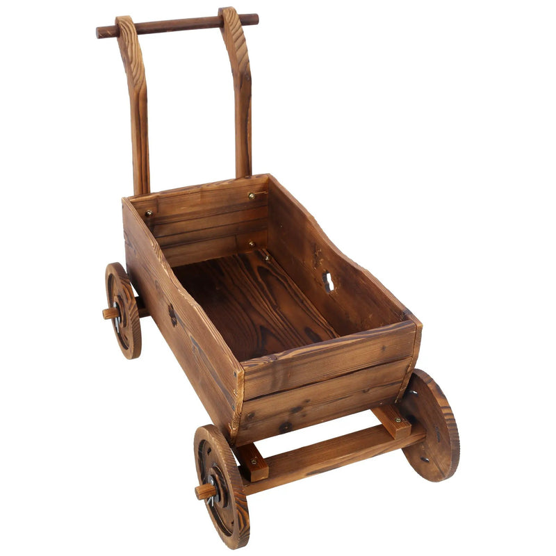 Wooden Wagon Planter Box Mobile Garden Planter With Wheels Handle Drain Hole Wood - Brown by HouseOfZazla