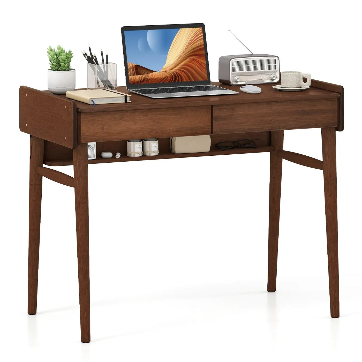 Bamboo Writing Desk with 2 Storage Drawers and Open Shelf by DirectDeals