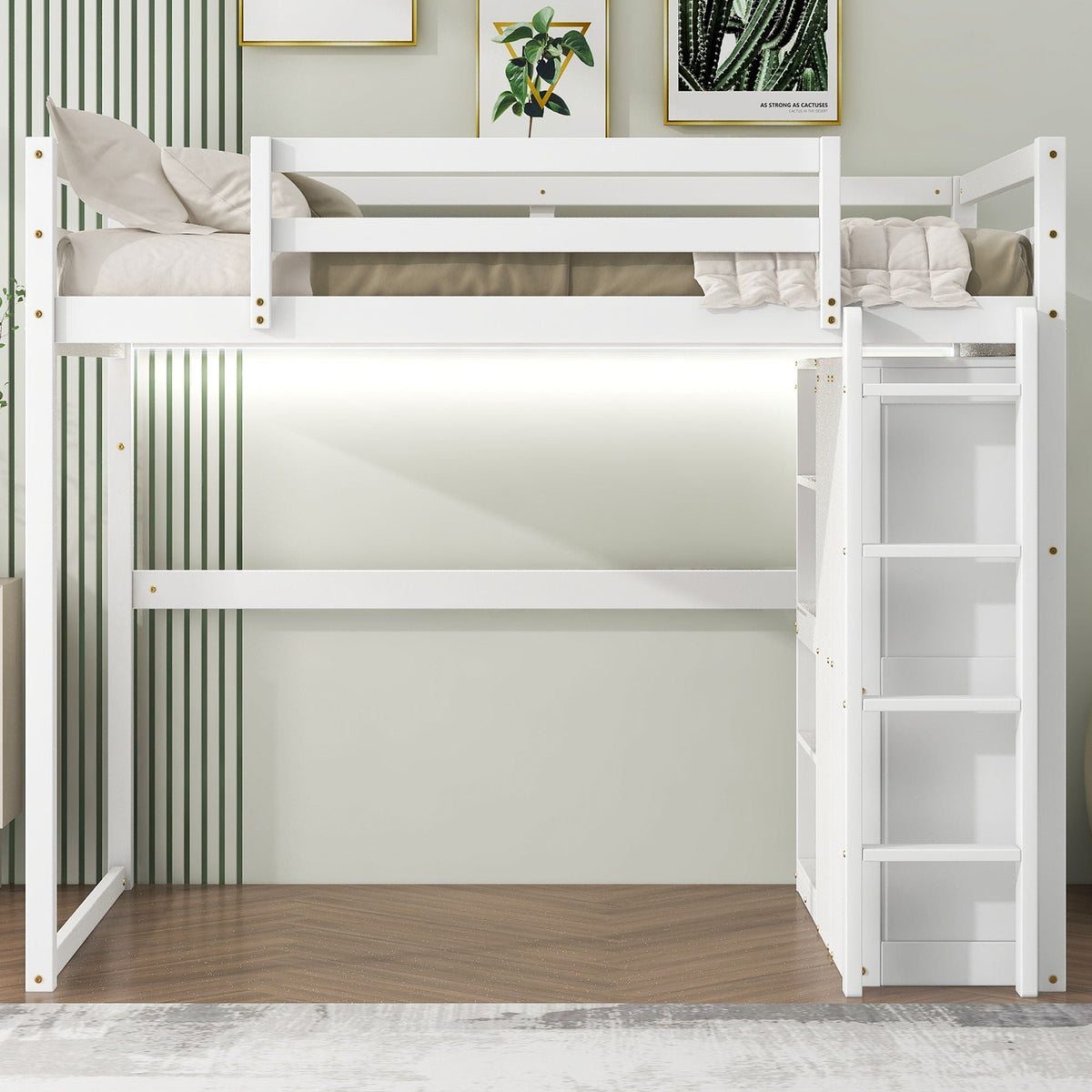 Full Size Loft Bed with Built-In Wardrobe, Storage Shelves & LED Light - White or Dark Gray, photo 10 of 31