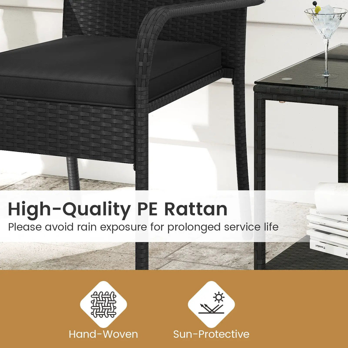 3 Piece Patio Furniture Set with Seat Cushions and Tempered Glass Tabletop by DirectDeals