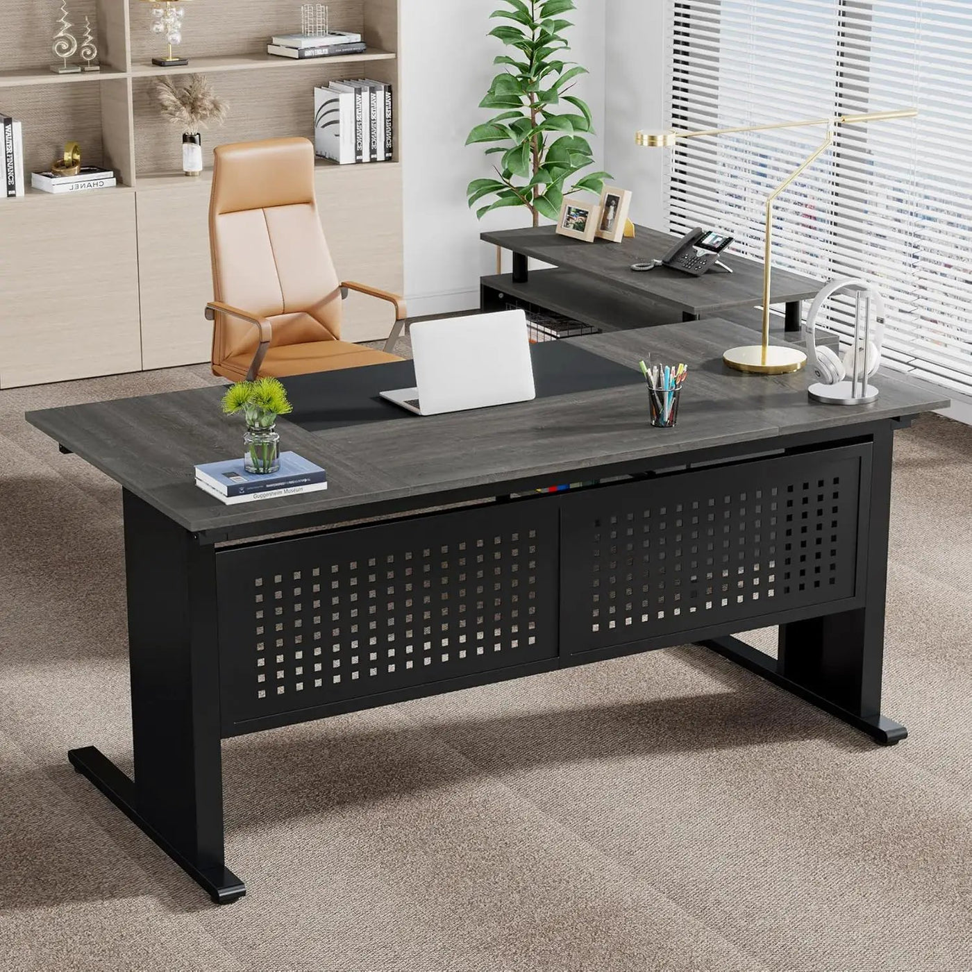 L-Shaped Executive Desk With File Cabinet, Office Workstation With Drawers, Shelves & Storage by HouseOfZazla