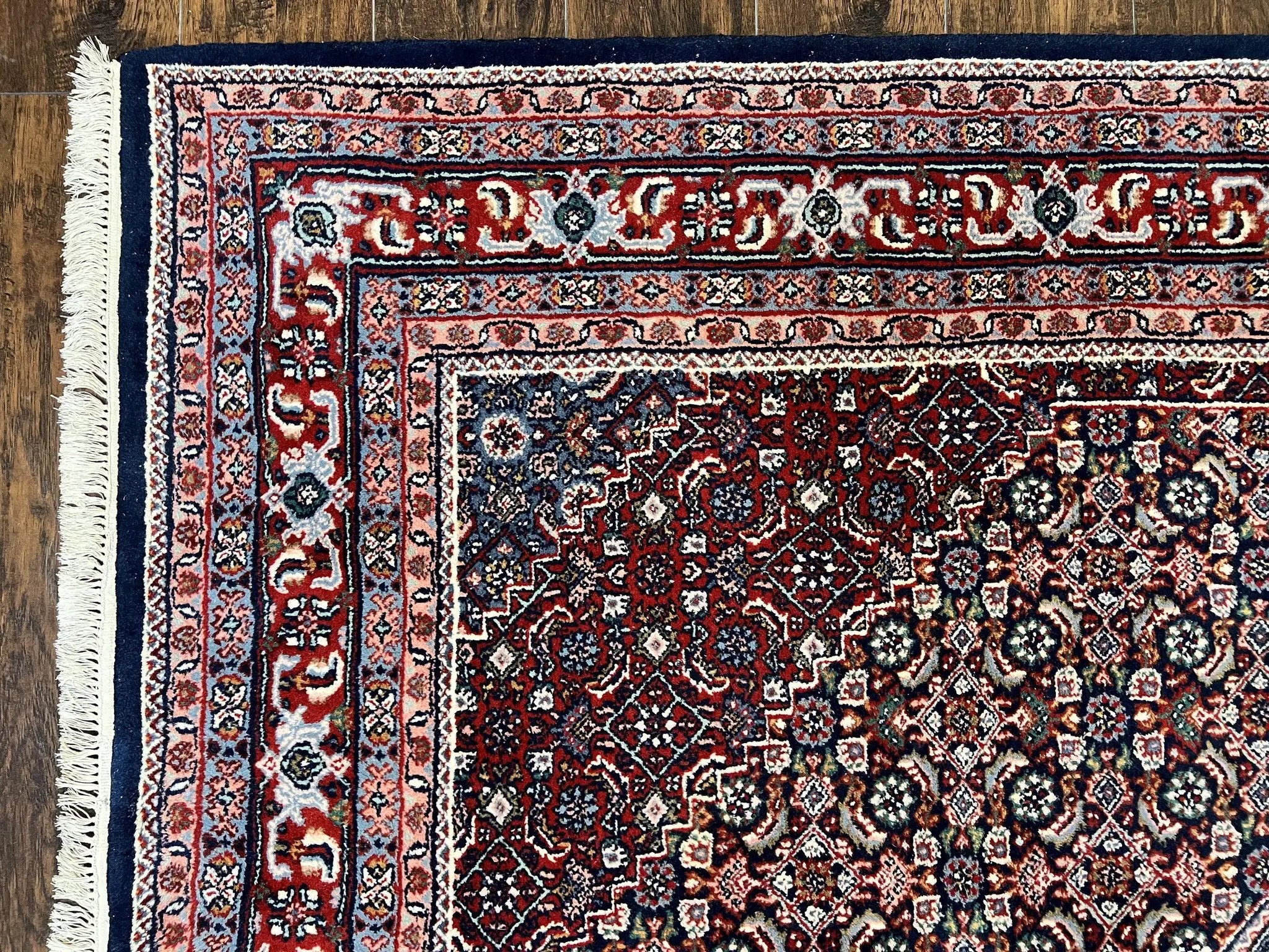 Indo Persian Rug 7x10, Dark Blue and Red Hand Knotted Wool Vintage Oriental Carpet 7 x 10 ft, Handmade Bidjar Rug, Herati Pattern Indian Rug by Jewel Rugs