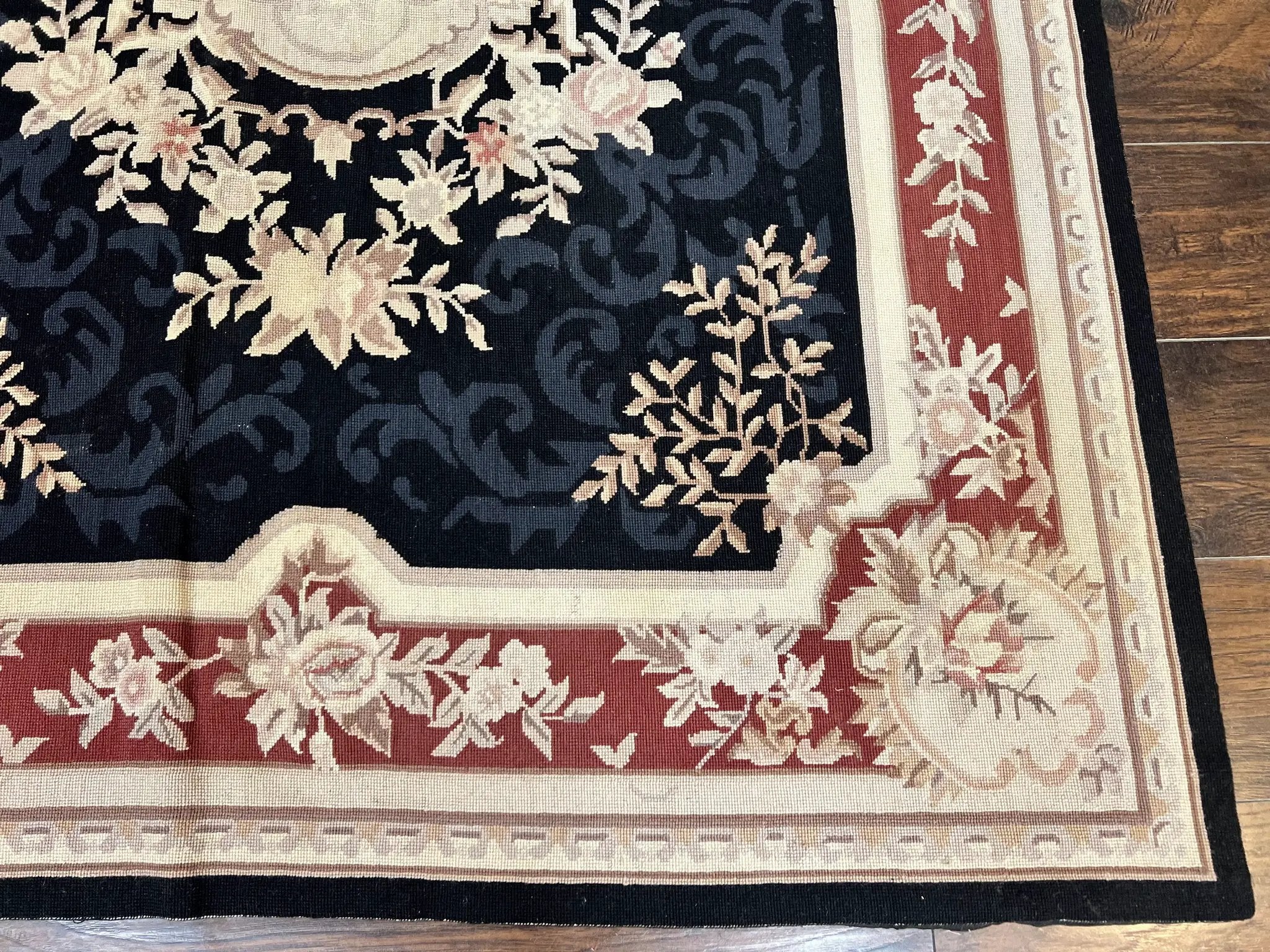 Needlepoint Rug 5x8, Wool Handmade Vintage European Design Carpet, Black & Maroon, French Aubusson Pattern Flatweave Rug by Jewel Rugs