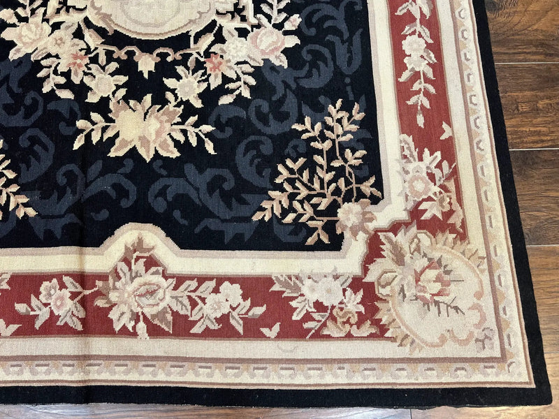 Needlepoint Rug 5x8, Wool Handmade Vintage European Design Carpet, Black & Maroon, French Aubusson Pattern Flatweave Rug by Jewel Rugs