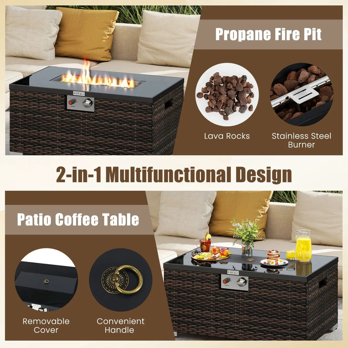 2-Piece Outdoor Rattan Fire Table Set 32 Inch Rectangle Gas Firepit with Tank Cover by DirectDeals