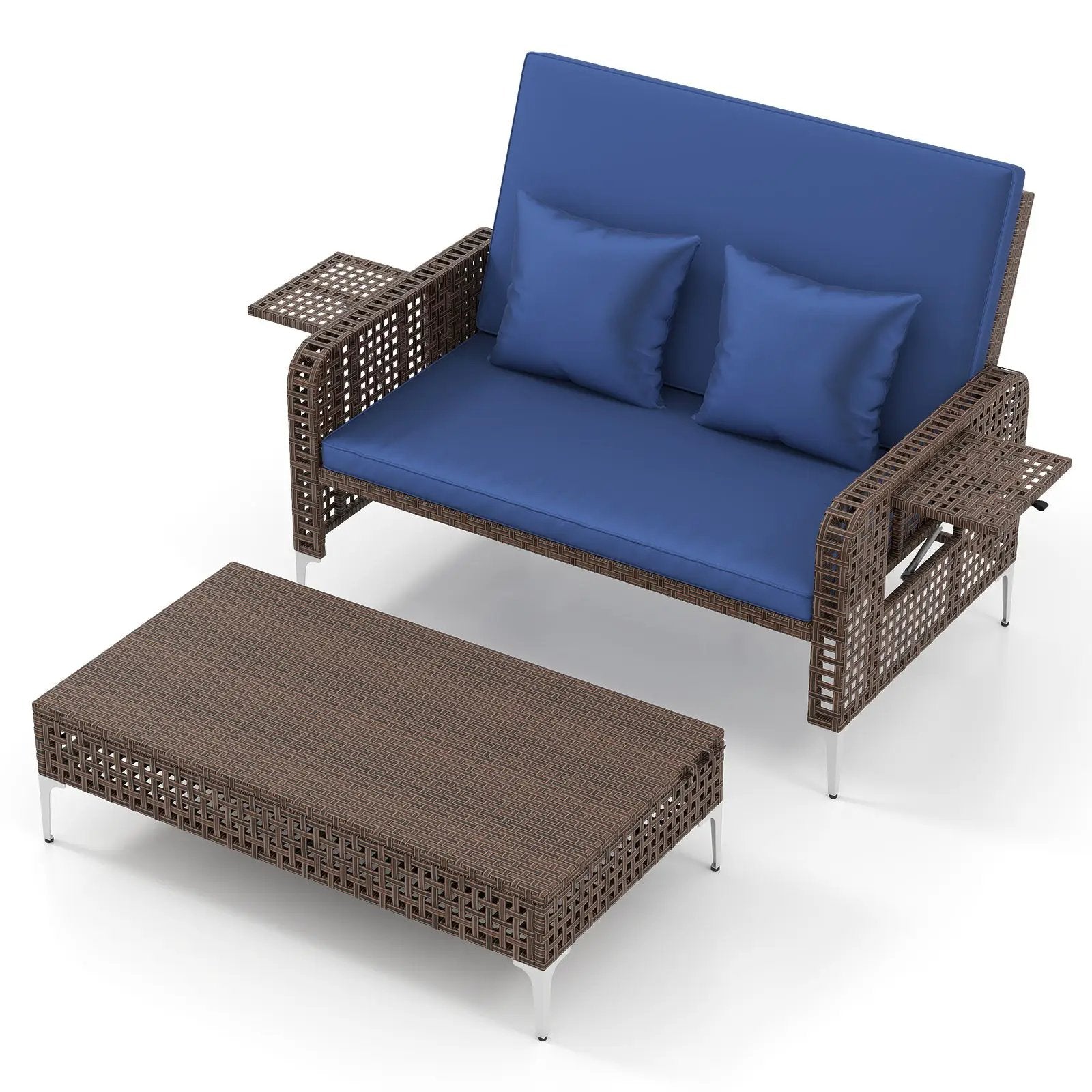 2 Piece Patio Rattan Daybed Wicker Loveseat and Ottoman with Adjustable Backrest by DirectDeals