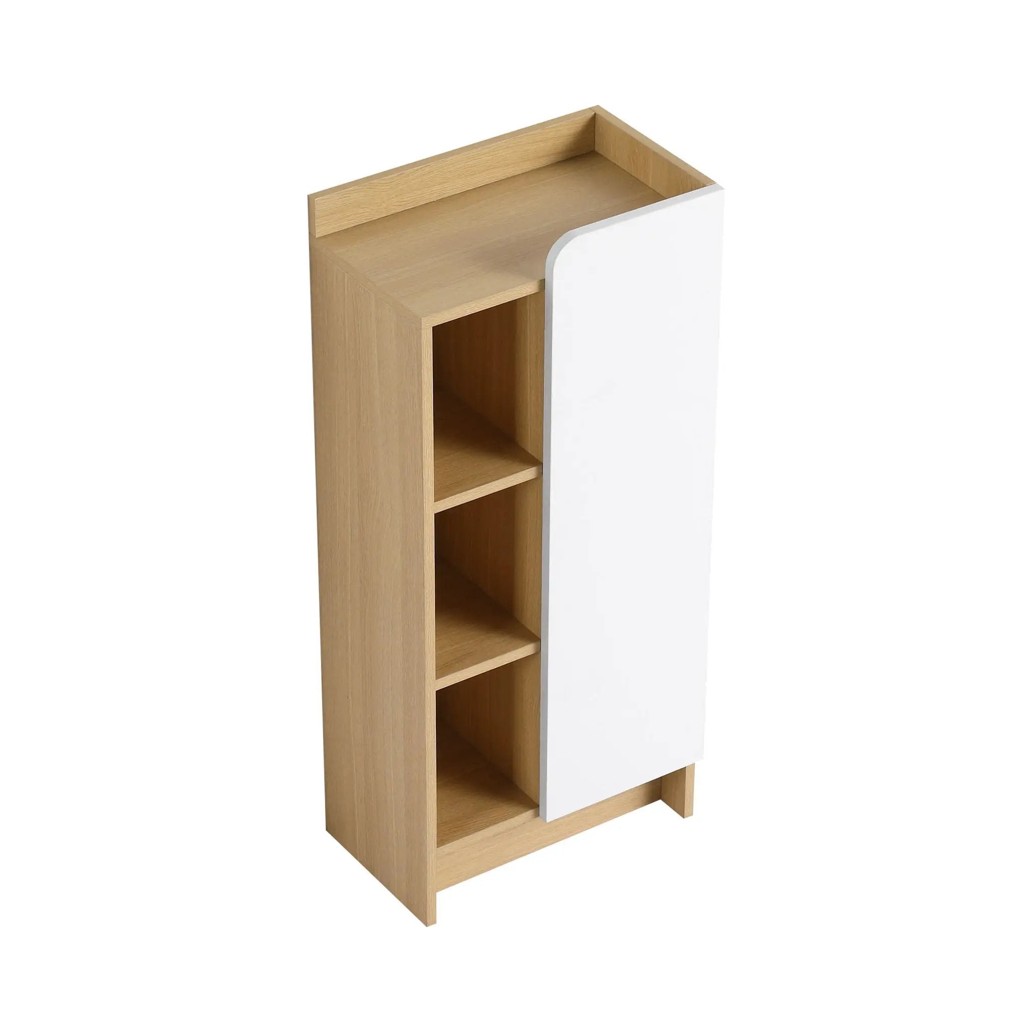 Freestanding Bathroom Side Cabinet, Narrow Storage Cabinet With Single Door & 3 Tier Open Shelves - Black / Light Oak / White by HouseOfZazla