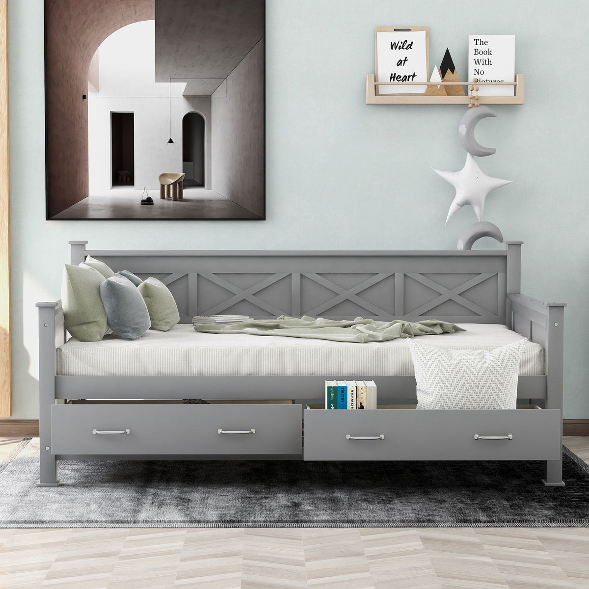 Modern Daybed with 2 Large Drawers and X Shaped Frame - Twin, Dark Gray or White, photo 9 of 28