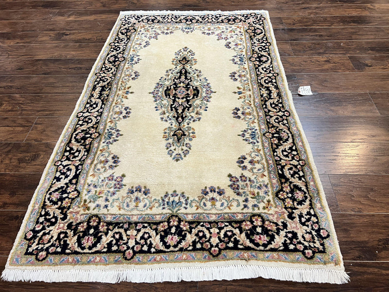 Persian Kirman Rug 4x7, Wool Hand Knotted Antique Carpet, Beige, Semi Open Field Medallion Rug, Traditional Handmade Oriental Rug by Jewel Rugs
