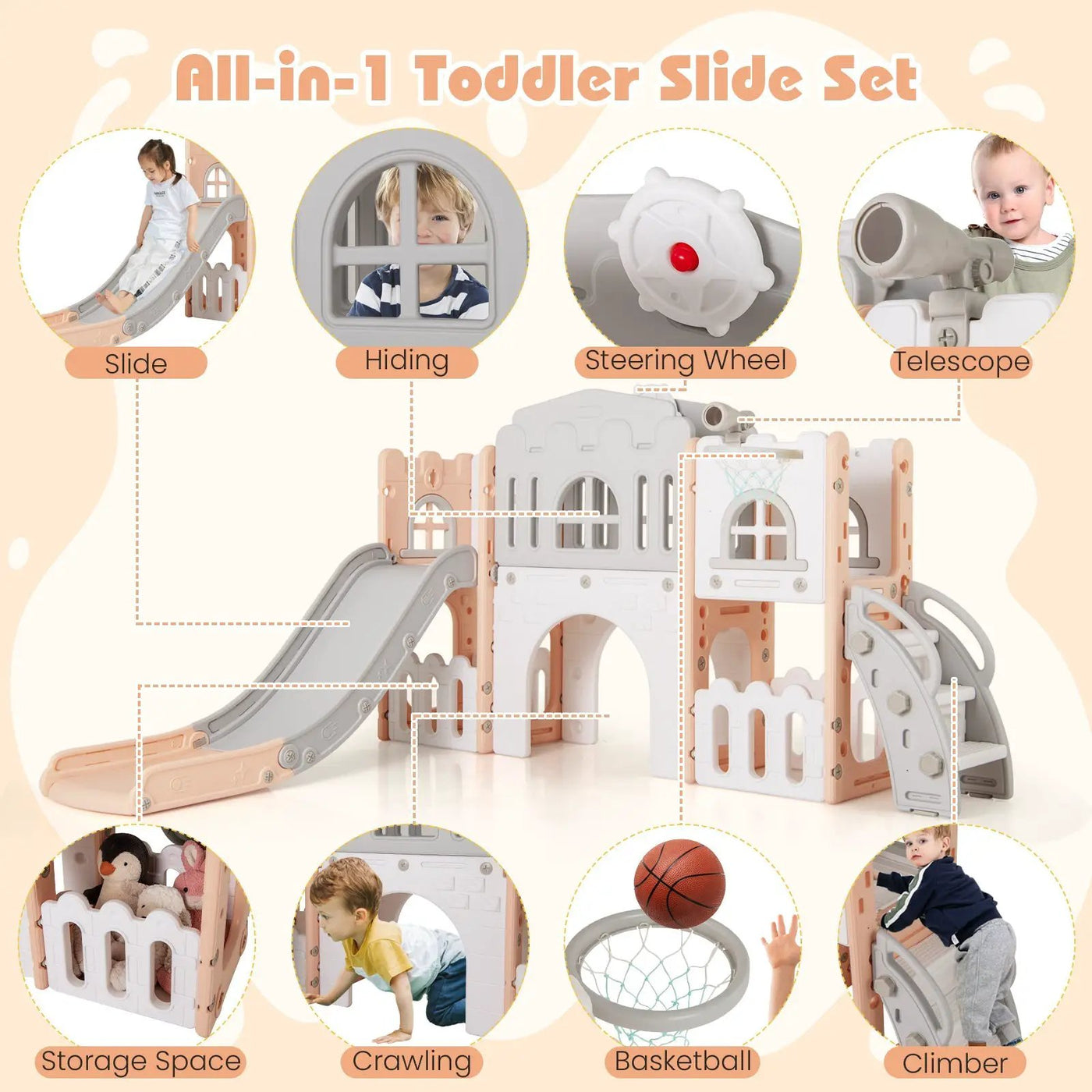 All-in-1 Toddler Slide Playset Playground with Tunnel and Ladder and Basketball by DirectDeals