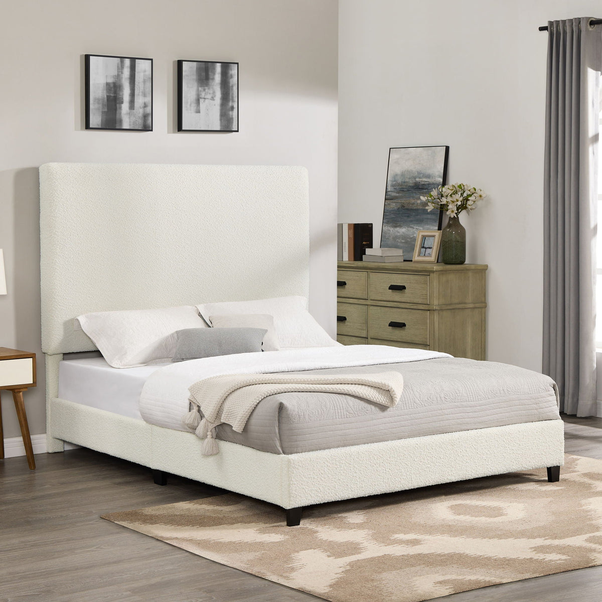 Queen Upholstered Headboard Platform Bed with Solid Wood Frame - White, photo 2 of 4