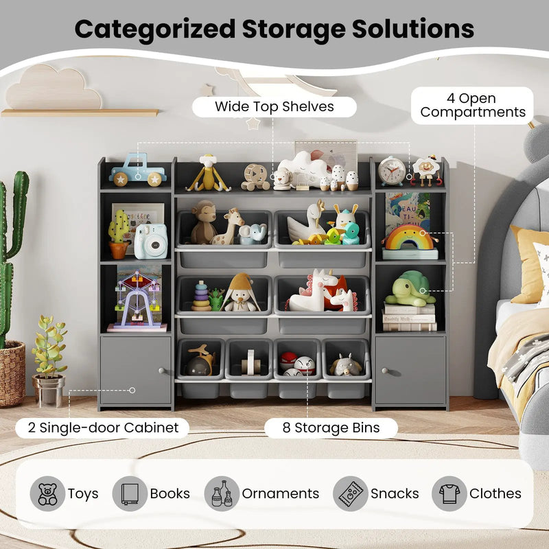 56 inch Large Toy Storage Organizer with 8 Removable Bins and Bookshelf by DirectDeals