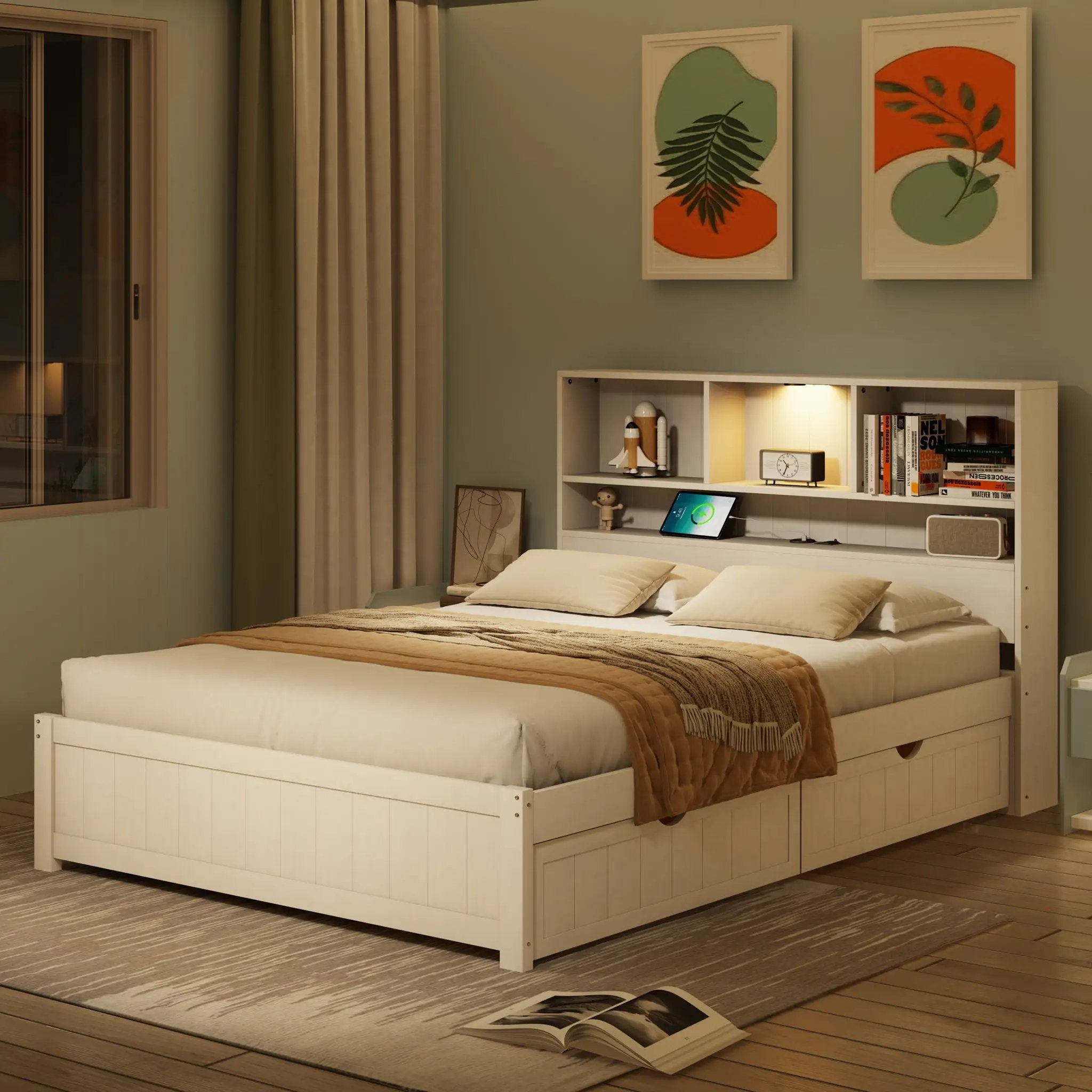 Platform Bed With Bookcase Headboard, Built-In Downlight, Charging Station, And 2 Side Drawers by Unique Piece Furniture
