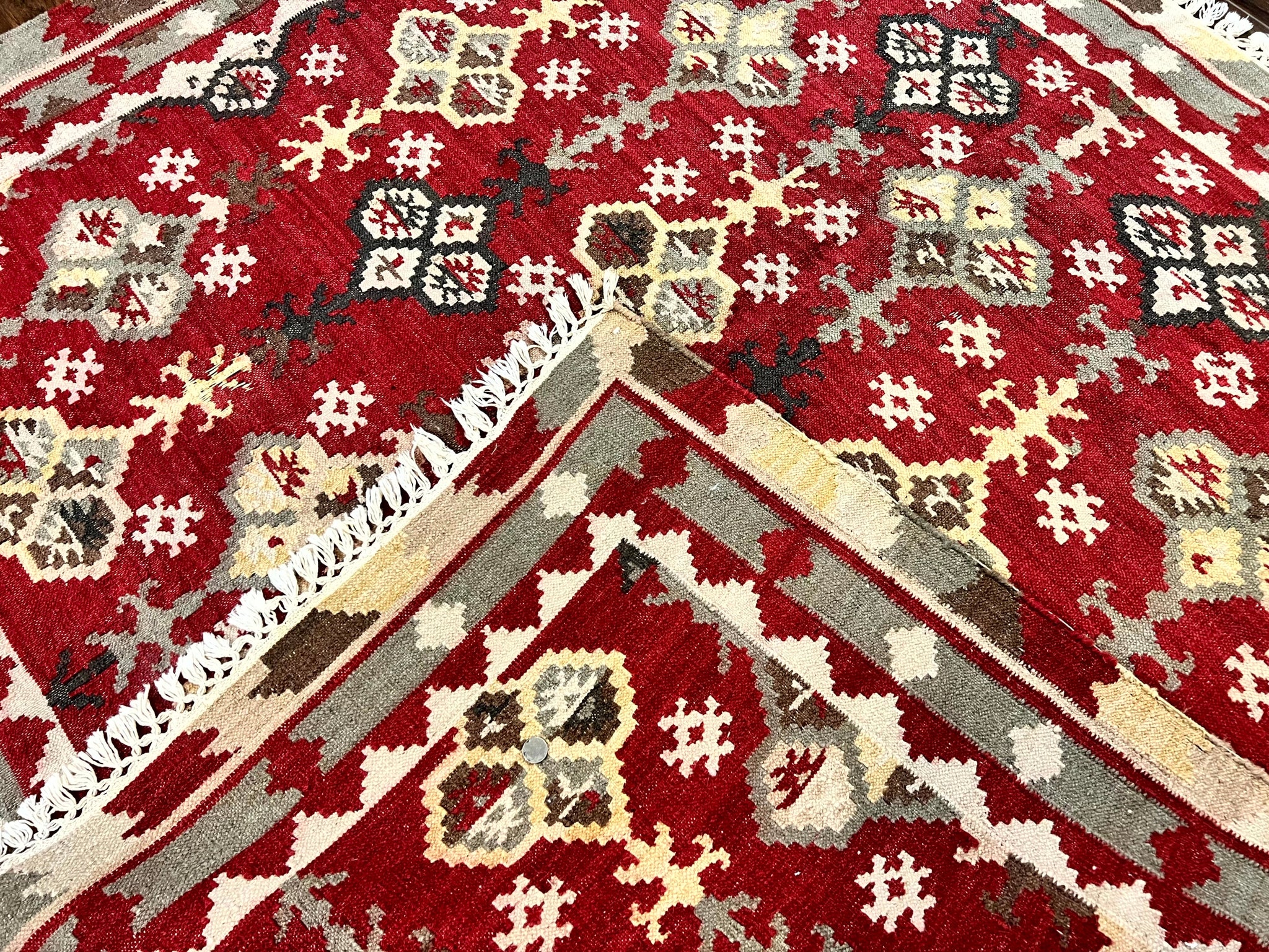 Indian Kilim Rug 6x6, Square Kilim Flatweave Carpet, Vintage Handmade Wool Rug, Red by Jewel Rugs