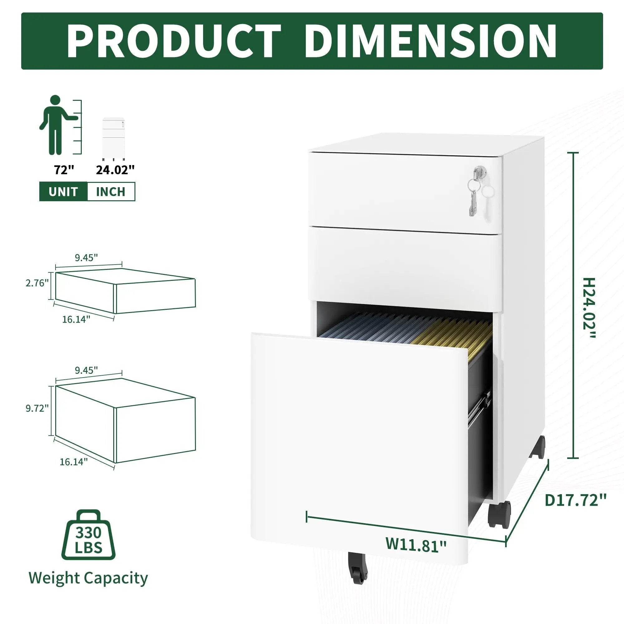 3-Drawer Mobile File Cabinet With Lock, On Wheels - White by HouseOfZazla