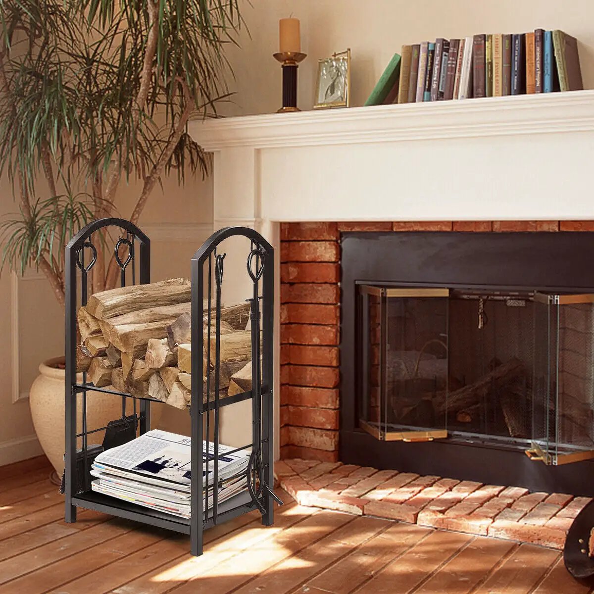 Fireplace Log Rack with 4 Tools Set Fireside Firewood Holder by DirectDeals