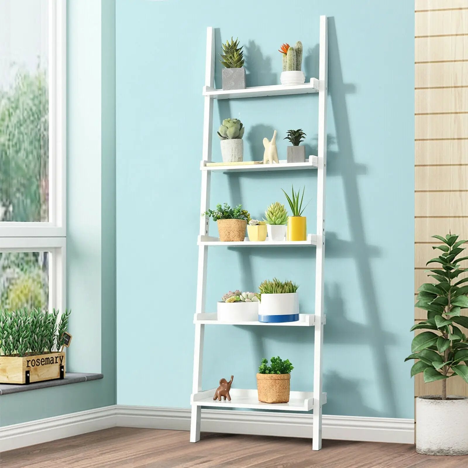 5-Tier Wall-leaning Ladder Shelf Display Rack for Plants and Books by DirectDeals