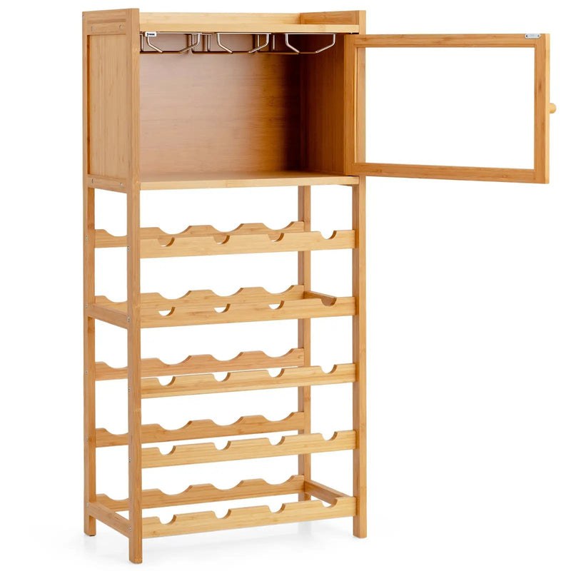 20-Bottle Freestanding Bamboo Wine Rack Cabinet with Display Shelf and Glass Hanger-Natural by DirectDeals
