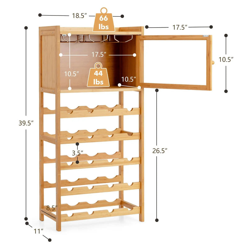 20-Bottle Freestanding Bamboo Wine Rack Cabinet with Display Shelf and Glass Hanger-Natural by DirectDeals