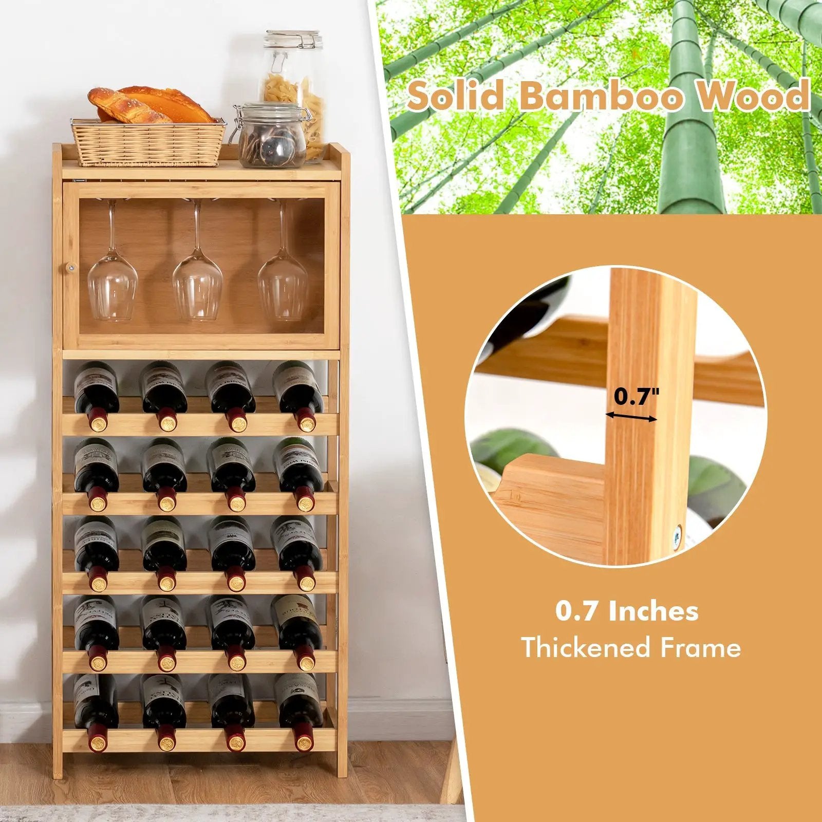 20-Bottle Freestanding Bamboo Wine Rack Cabinet with Display Shelf and Glass Hanger-Natural by DirectDeals