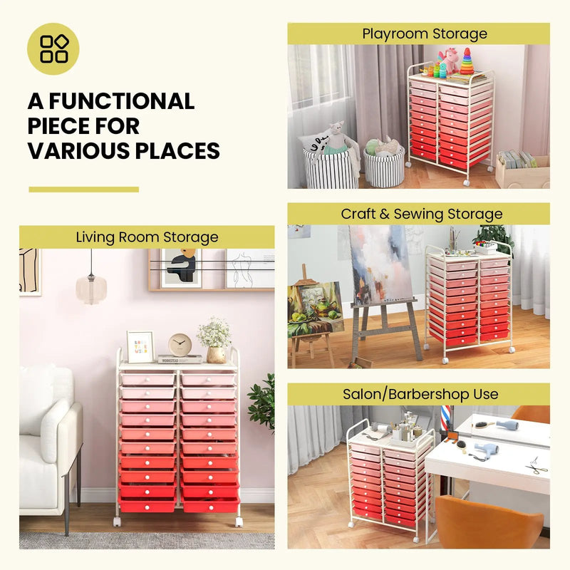20 Drawers Rolling Storage Cart Studio Organizer-Gradient Pink by DirectDeals