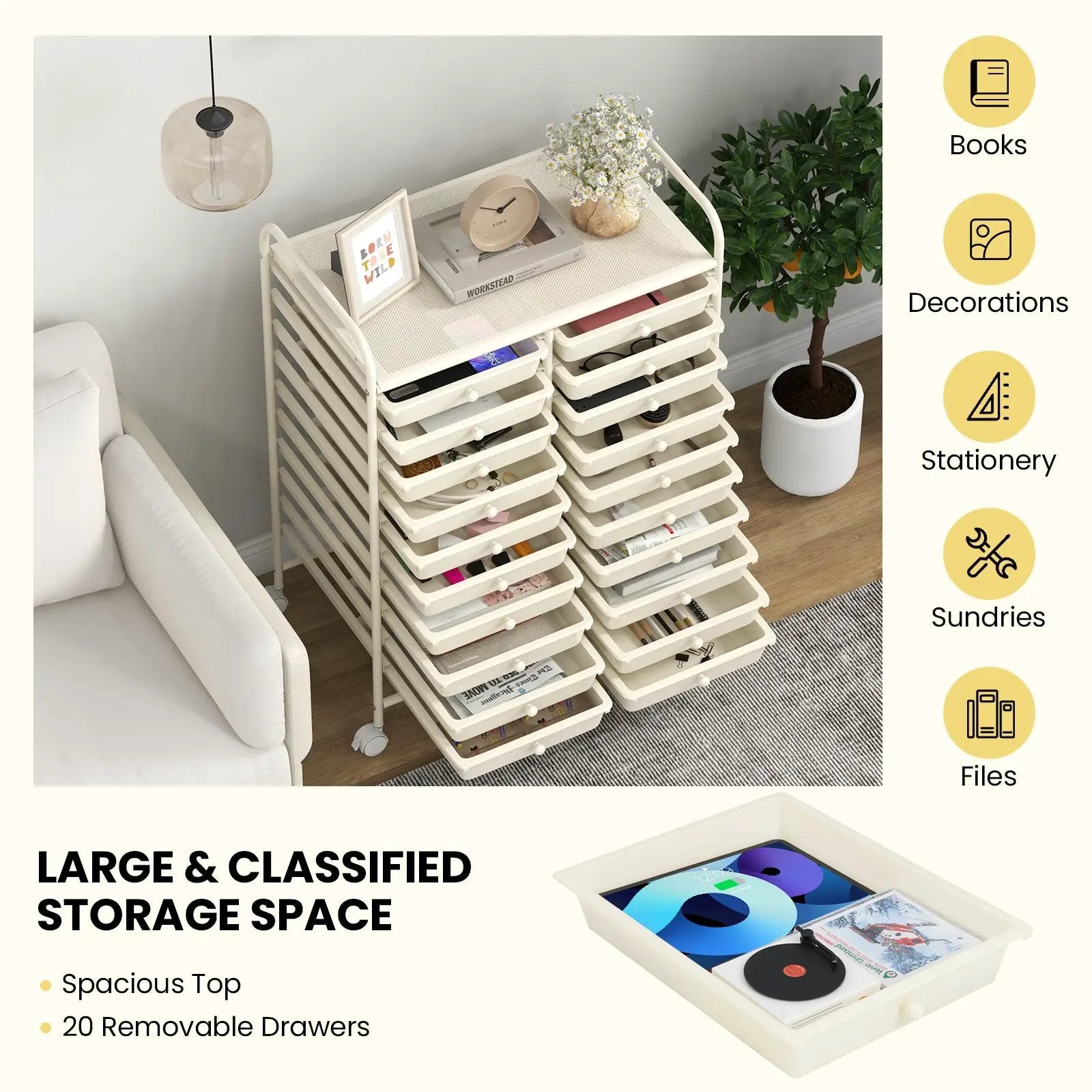20 Drawers Rolling Storage Cart Studio Organizer-Beige by DirectDeals