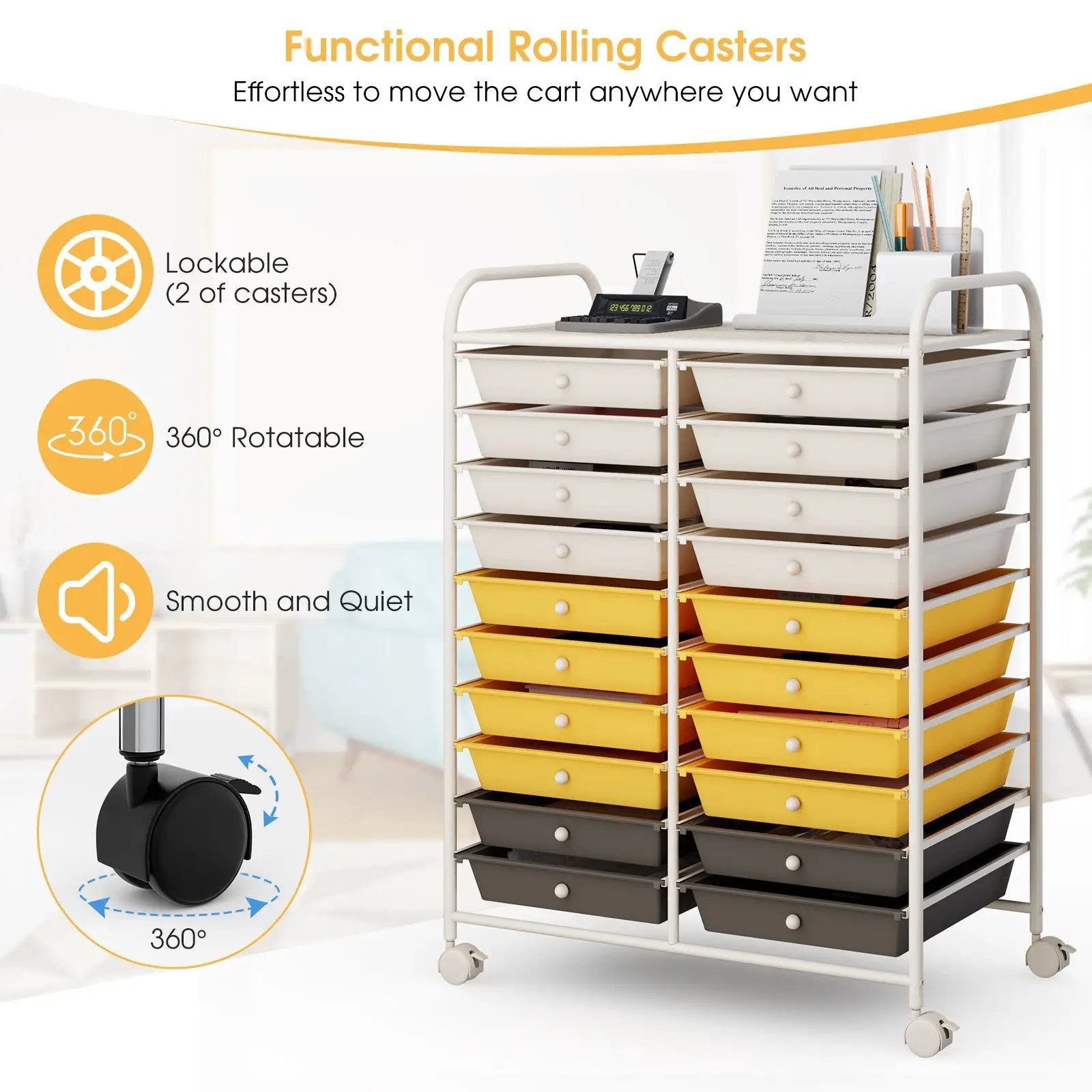 20 Drawers Storage Rolling Cart Studio Organizer-Yellow by DirectDeals