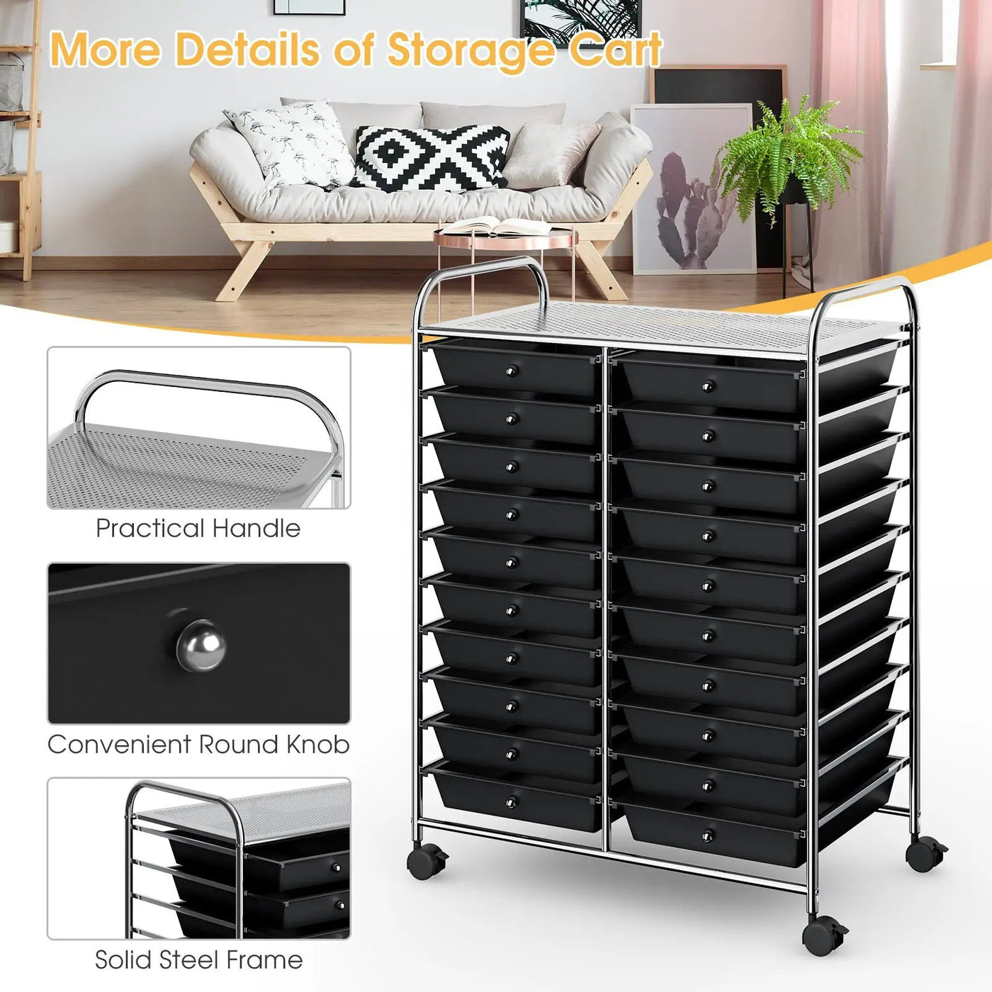 20 Drawers Storage Rolling Cart Studio Organizer-Black by DirectDeals