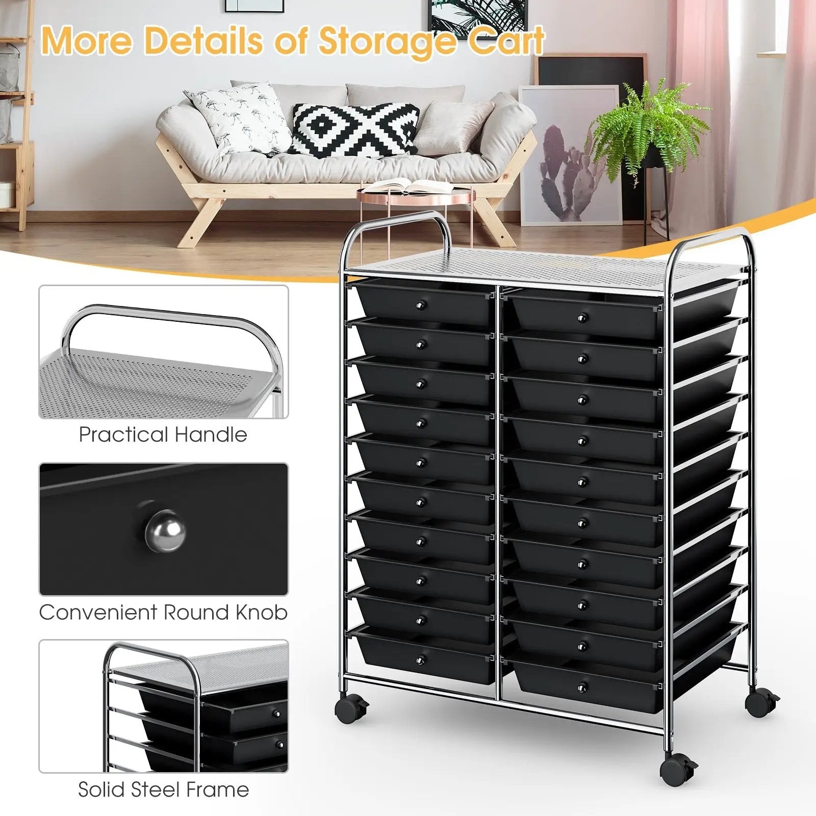 20 Drawers Storage Rolling Cart Studio Organizer-Black by DirectDeals