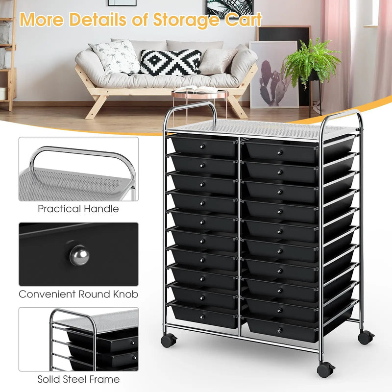 20 Drawers Storage Rolling Cart Studio Organizer-Black by DirectDeals