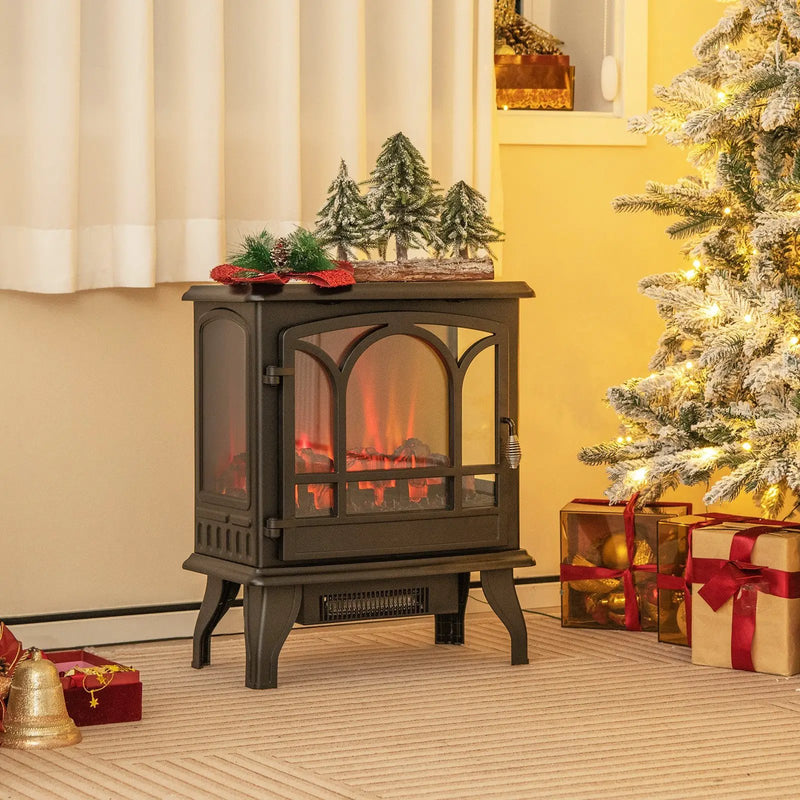 1400W Electric Stove Heater with 3-Level Flame Effect and 3-Sided View-Black by DirectDeals