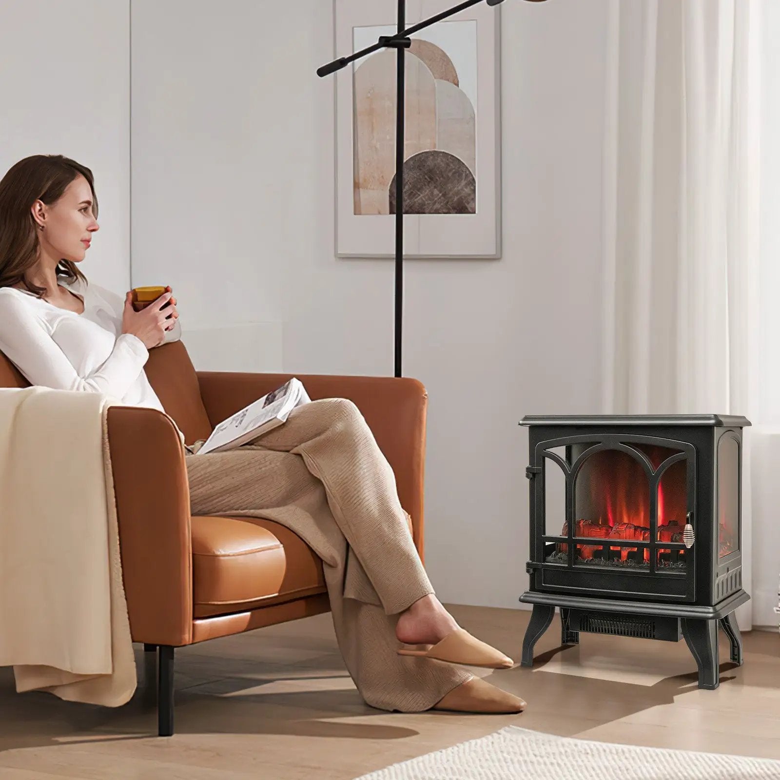 1400W Electric Stove Heater with 3-Level Flame Effect and 3-Sided View-Black by DirectDeals