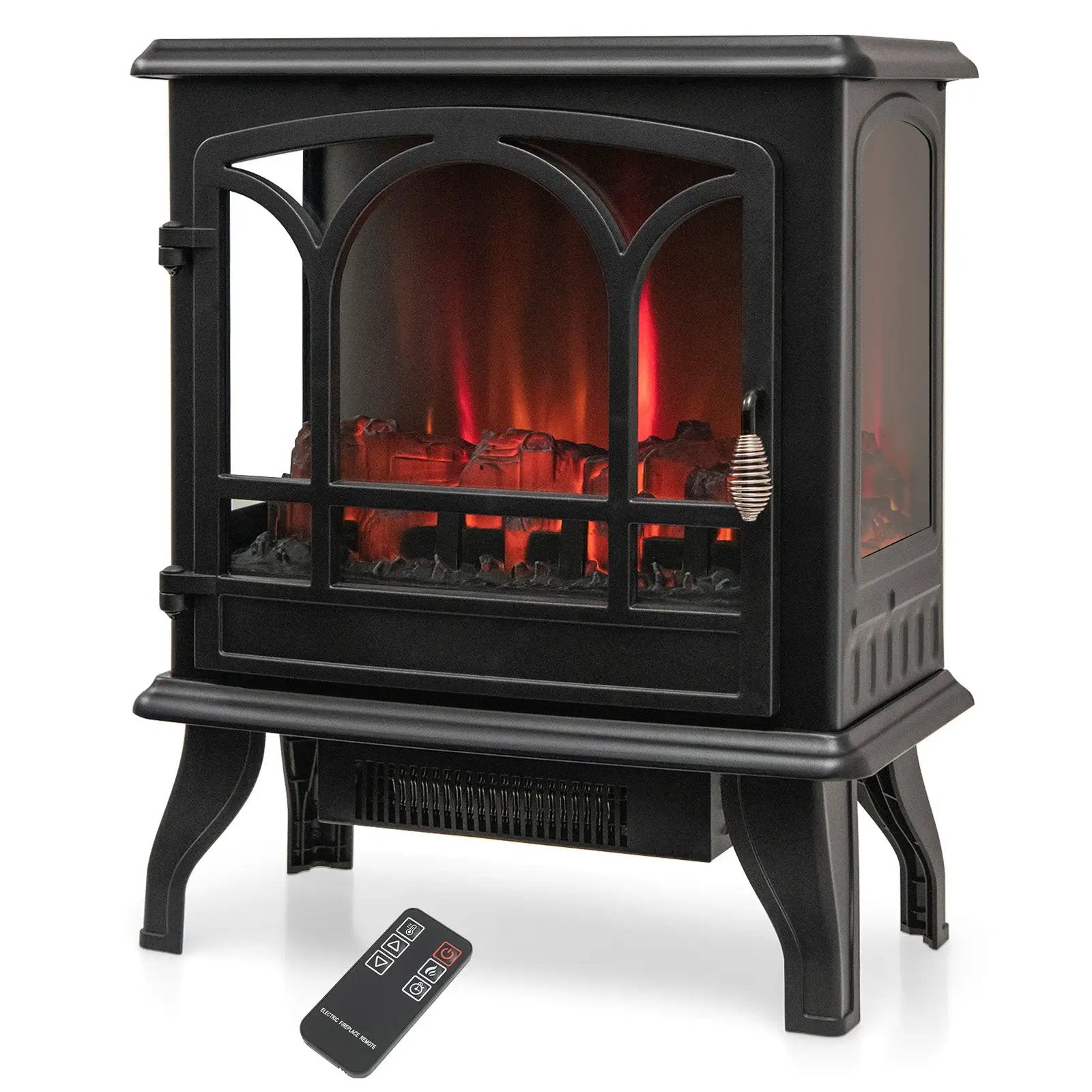 1400W Electric Stove Heater with 3-Level Flame Effect and 3-Sided View-Black by DirectDeals