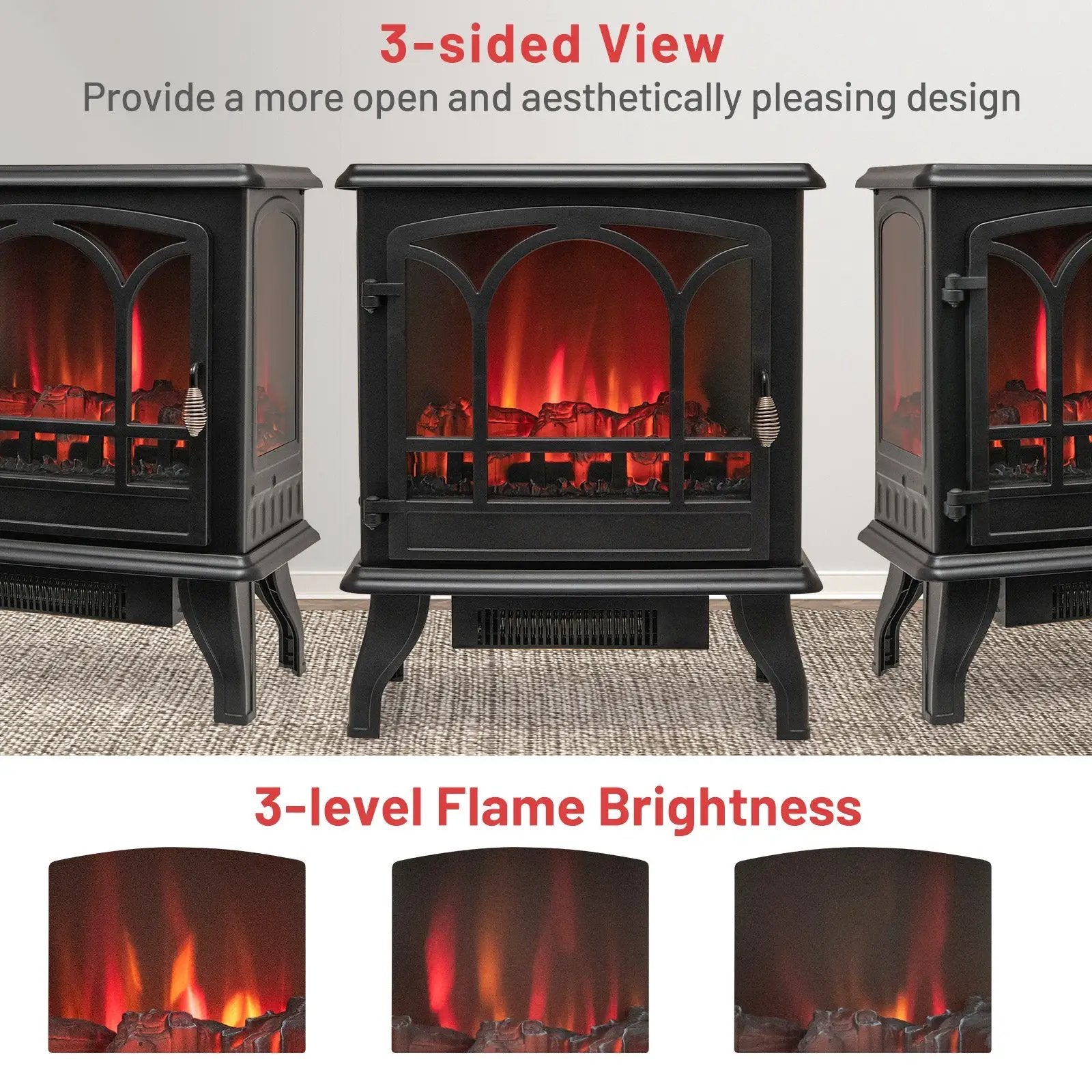 1400W Electric Stove Heater with 3-Level Flame Effect and 3-Sided View-Black by DirectDeals
