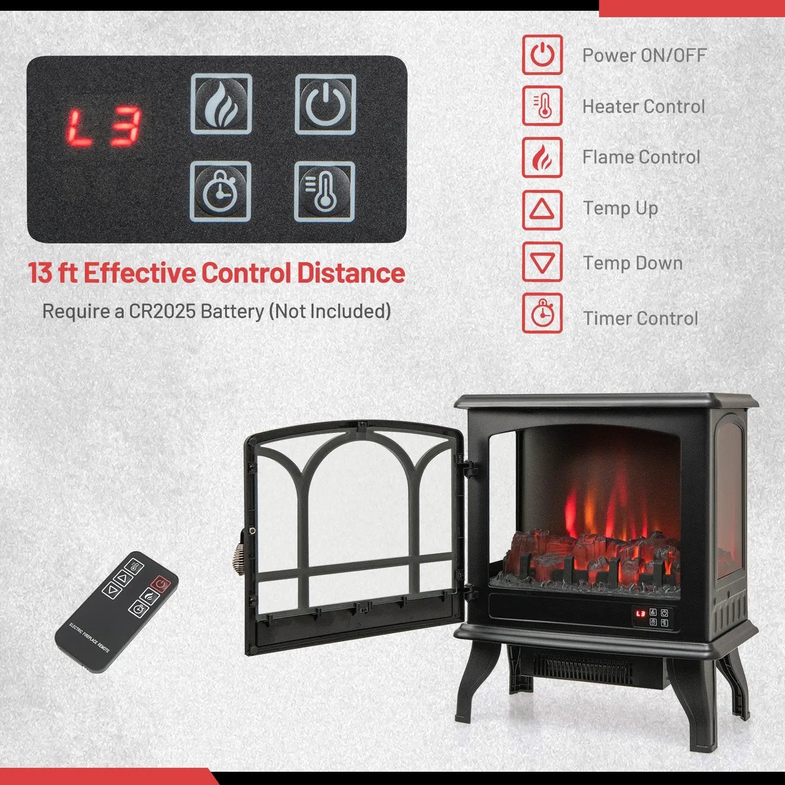 1400W Electric Stove Heater with 3-Level Flame Effect and 3-Sided View-Black by DirectDeals