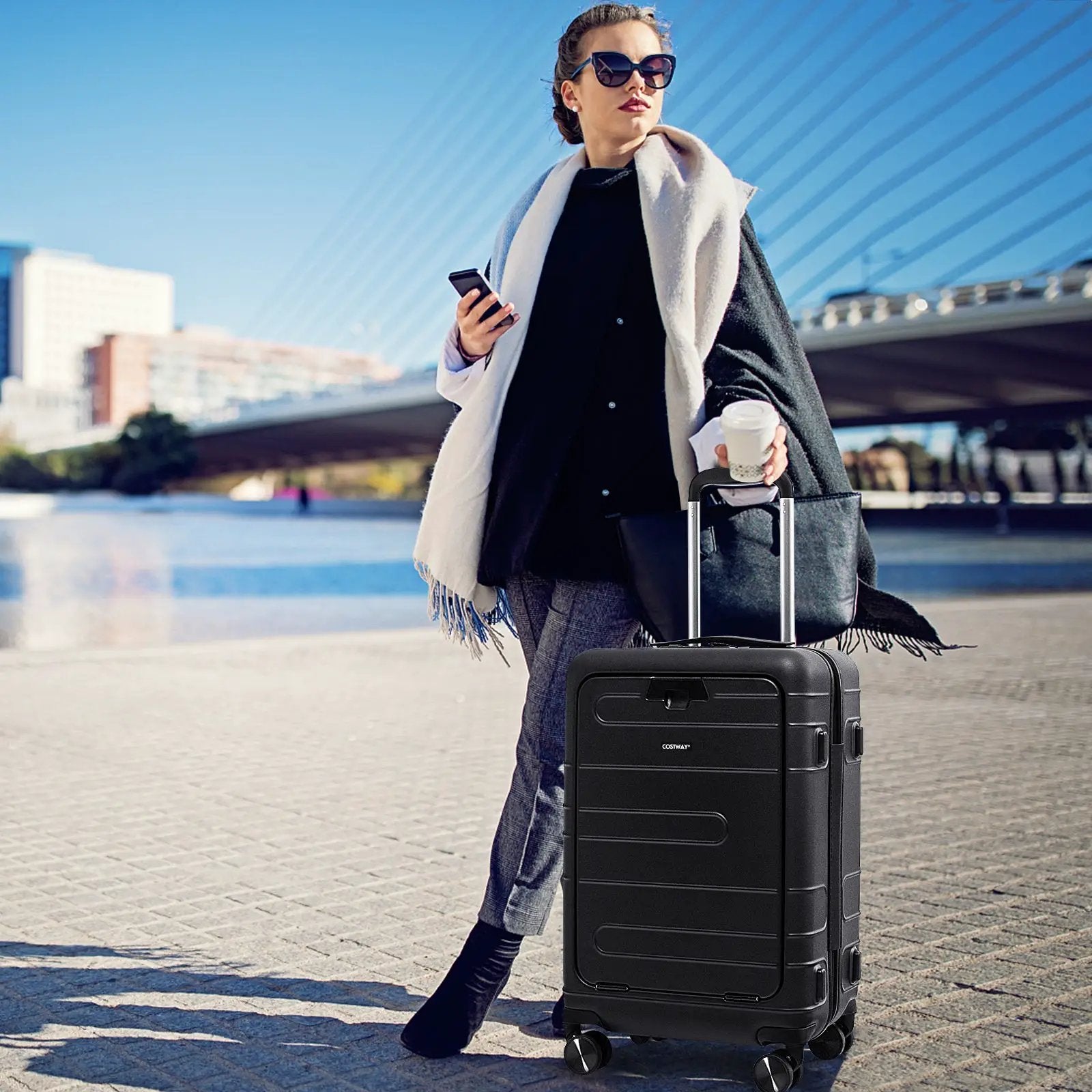 20 Inch Carry-on Luggage PC Hardside Suitcase TSA Lock with Front Pocket and USB Port by DirectDeals
